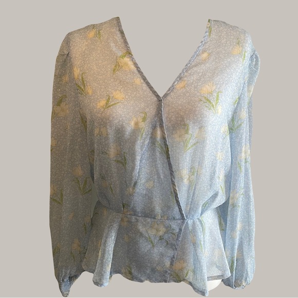 NWOT Blue and Yellow Sheer Peplum Top.          NEVER WORN - Picture 4 of 5